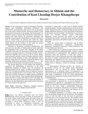 Monarchy and Democracy in Sikkim and the Contribution of Kazi Lhendup Dorjee Khangsherpa