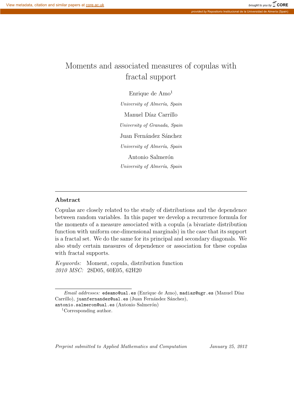 Moments and Associated Measures of Copulas with Fractal Support