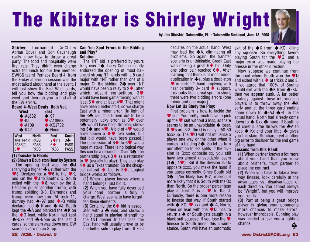 The Kibitzer Is Shirley Wright