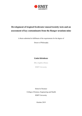 Development of Tropical Freshwater Mussel Toxicity Tests and an Assessment of Key Contaminants from the Ranger Uranium Mine