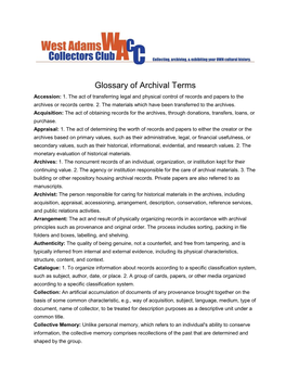 Glossary of Archival Terms Accession: 1