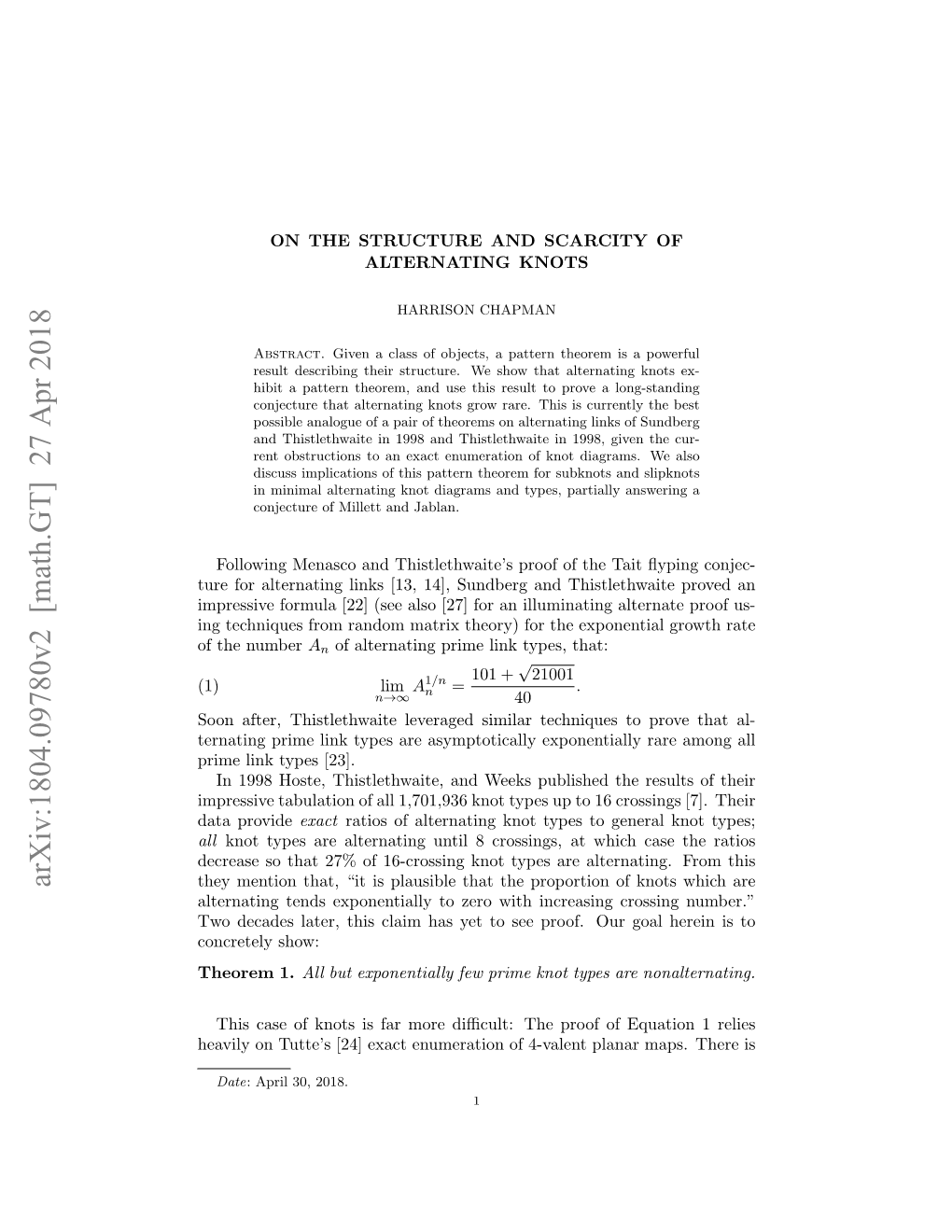 Arxiv:1804.09780V2 [Math.GT] 27 Apr 2018