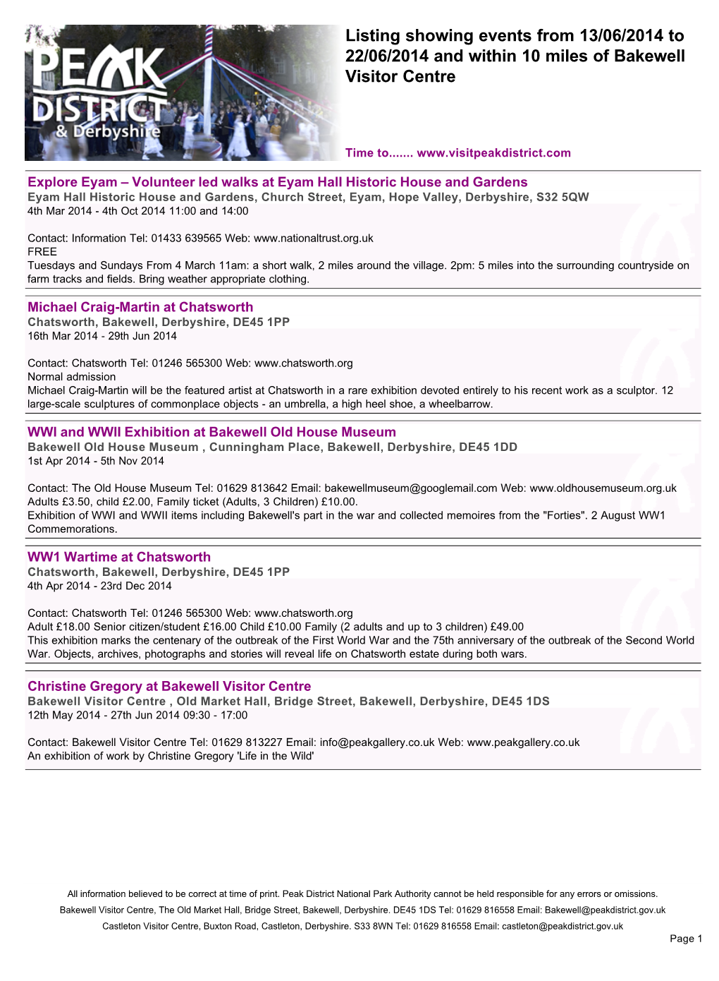 Listing Showing Events from 13/06/2014 to 22/06/2014 and Within 10 Miles of Bakewell Visitor Centre