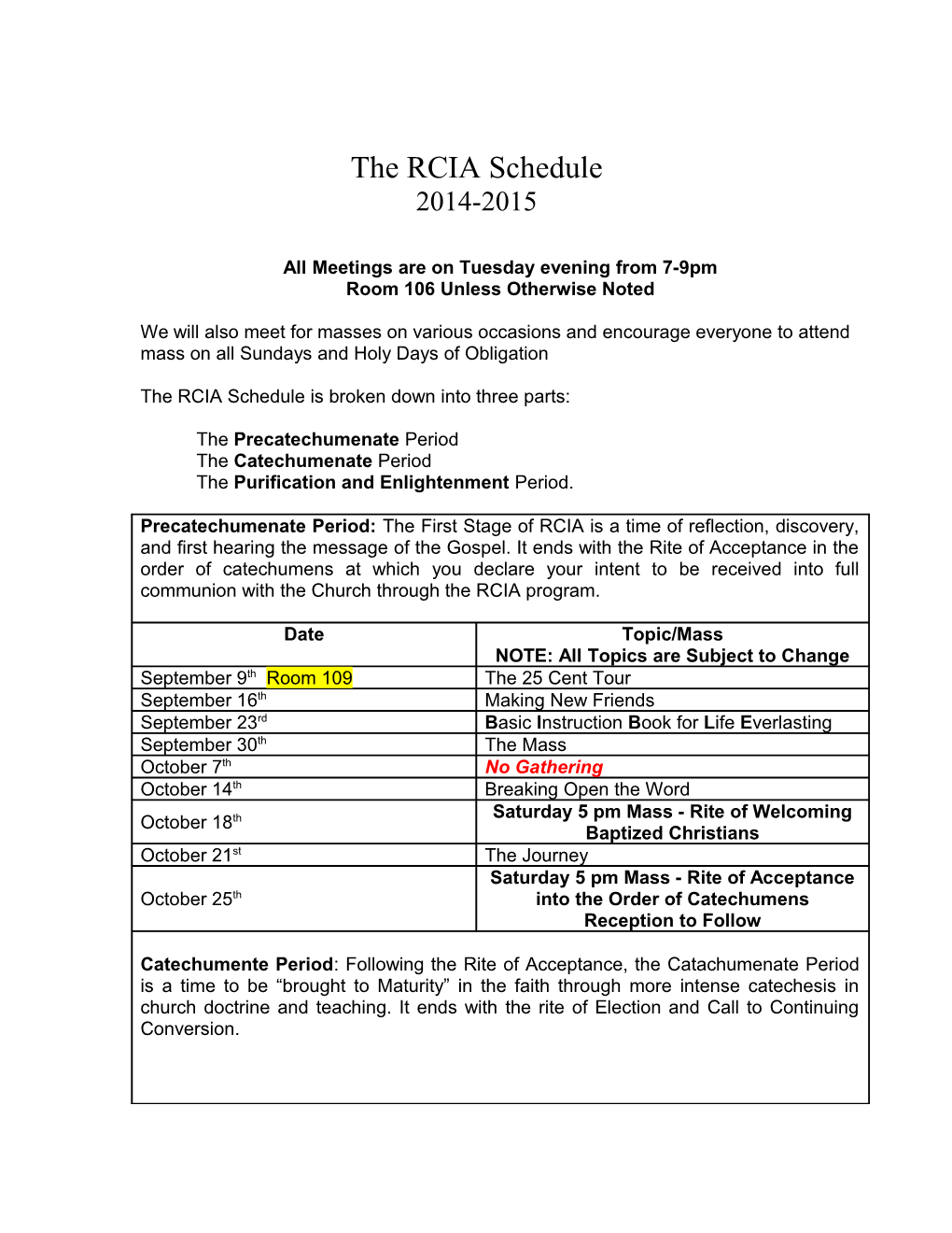 The RCIA Schedule