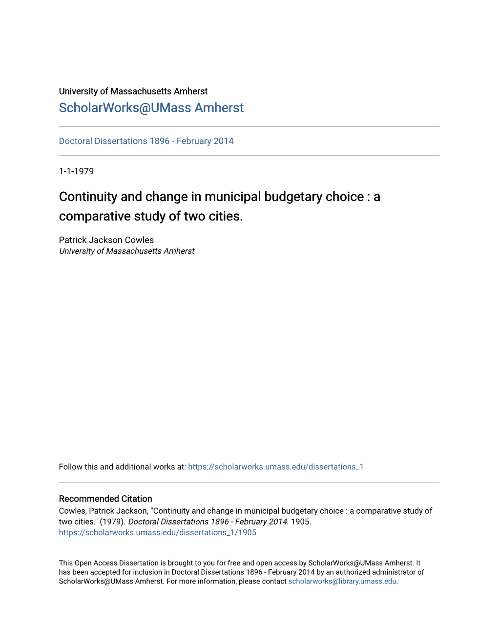 Continuity and Change in Municipal Budgetary Choice : a Comparative Study of Two Cities