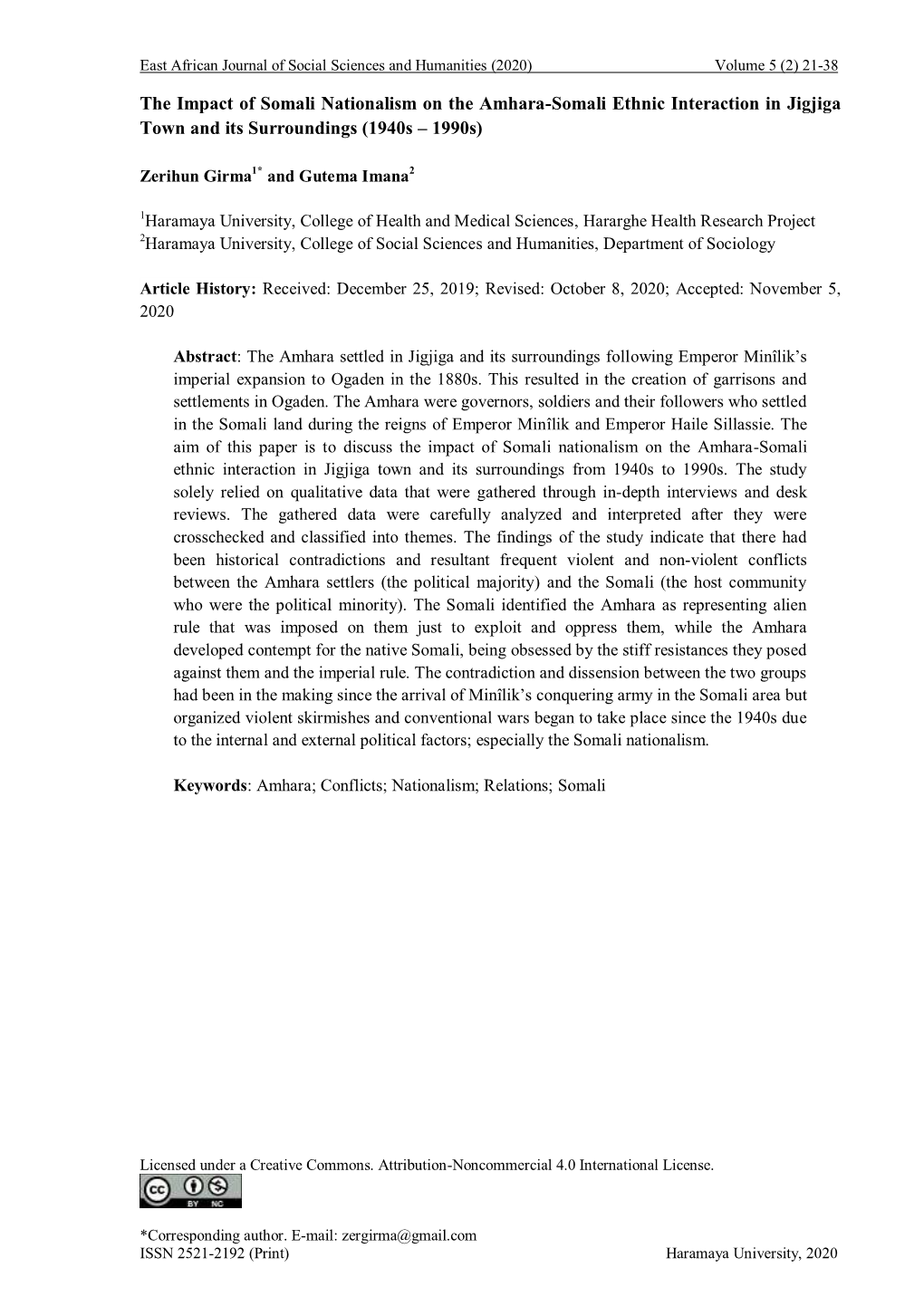 The Impact of Somali Nationalism on the Amhara-Somali Ethnic Interaction in Jigjiga Town and Its Surroundings (1940S – 1990S)