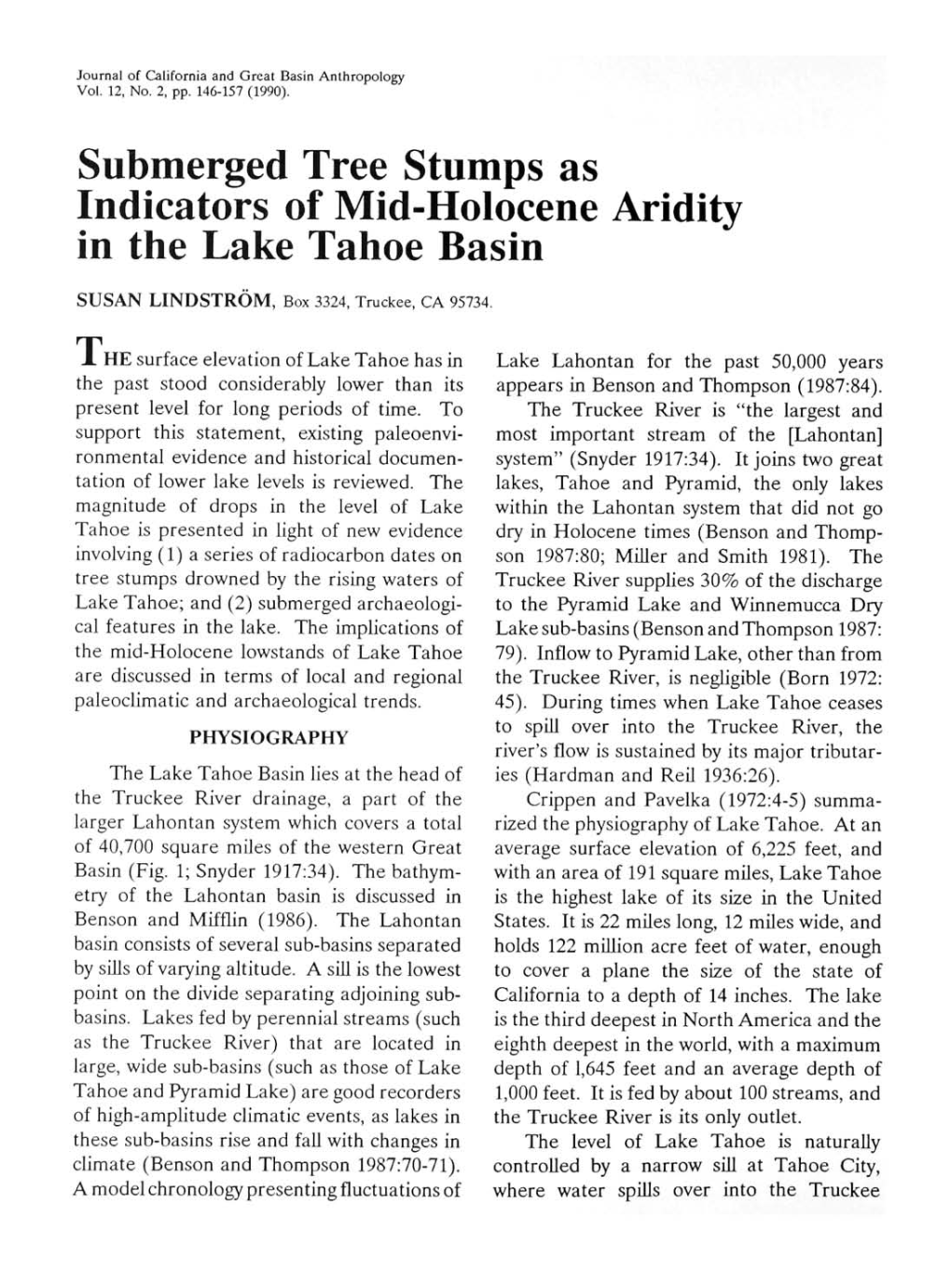 Submerged Tree Stumps As Indicators of Mid-Holocene Aridity in the Lake Tahoe Basin