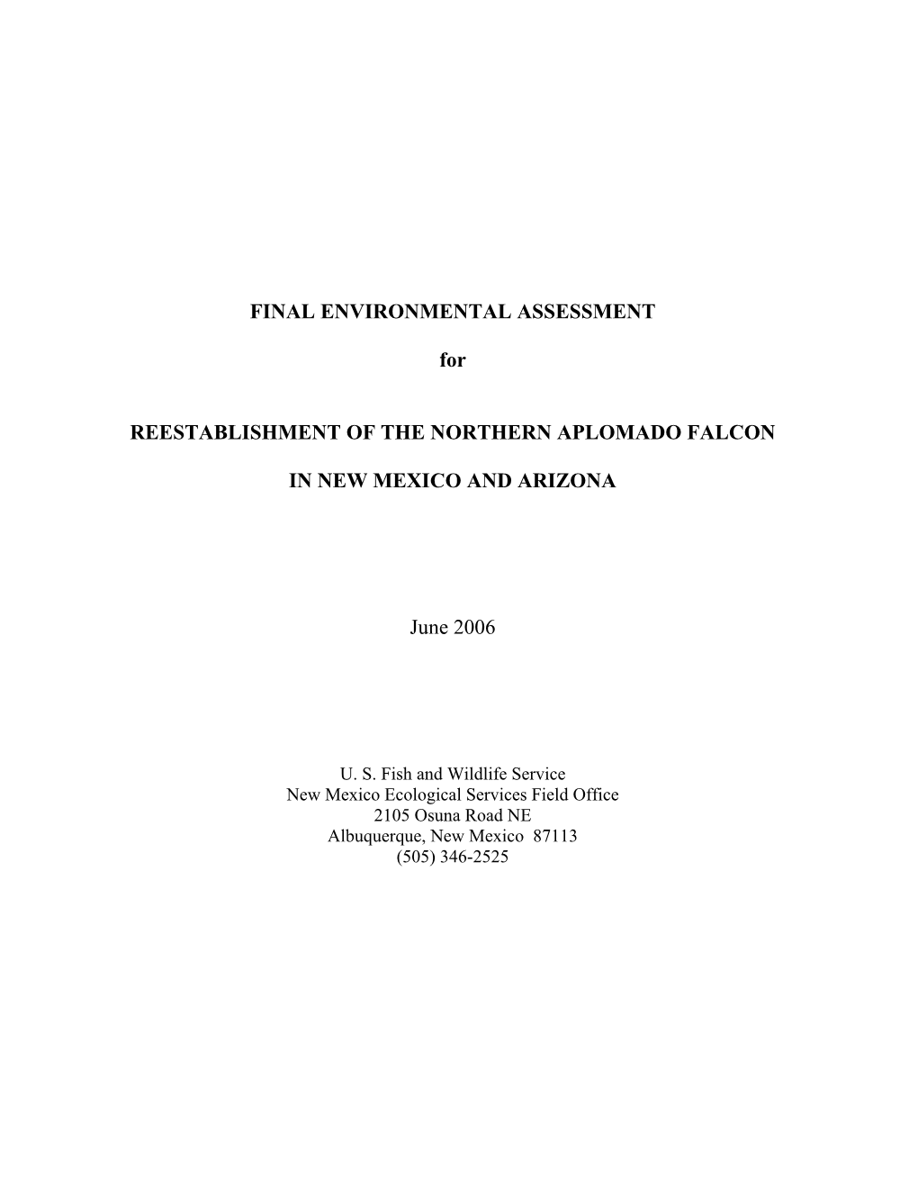 FINAL ENVIRONMENTAL ASSESSMENT for REESTABLISHMENT