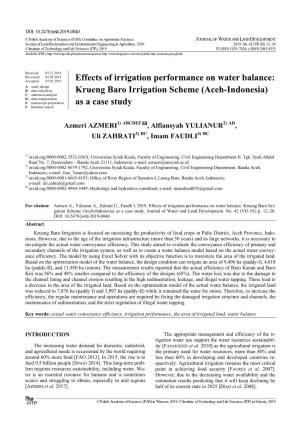 Effects of Irrigation Performance on Water Balance: Krueng Baro Irri- Gation Scheme (Aceh-Indonesia) As a Case Study