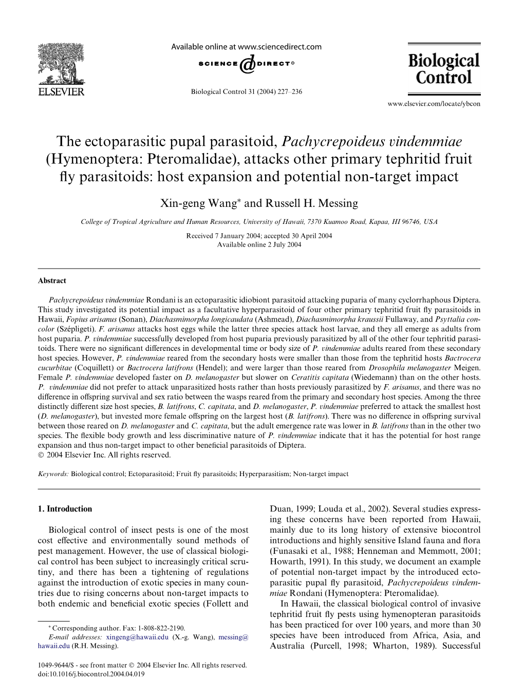 The Ectoparasitic Pupal Parasitoid