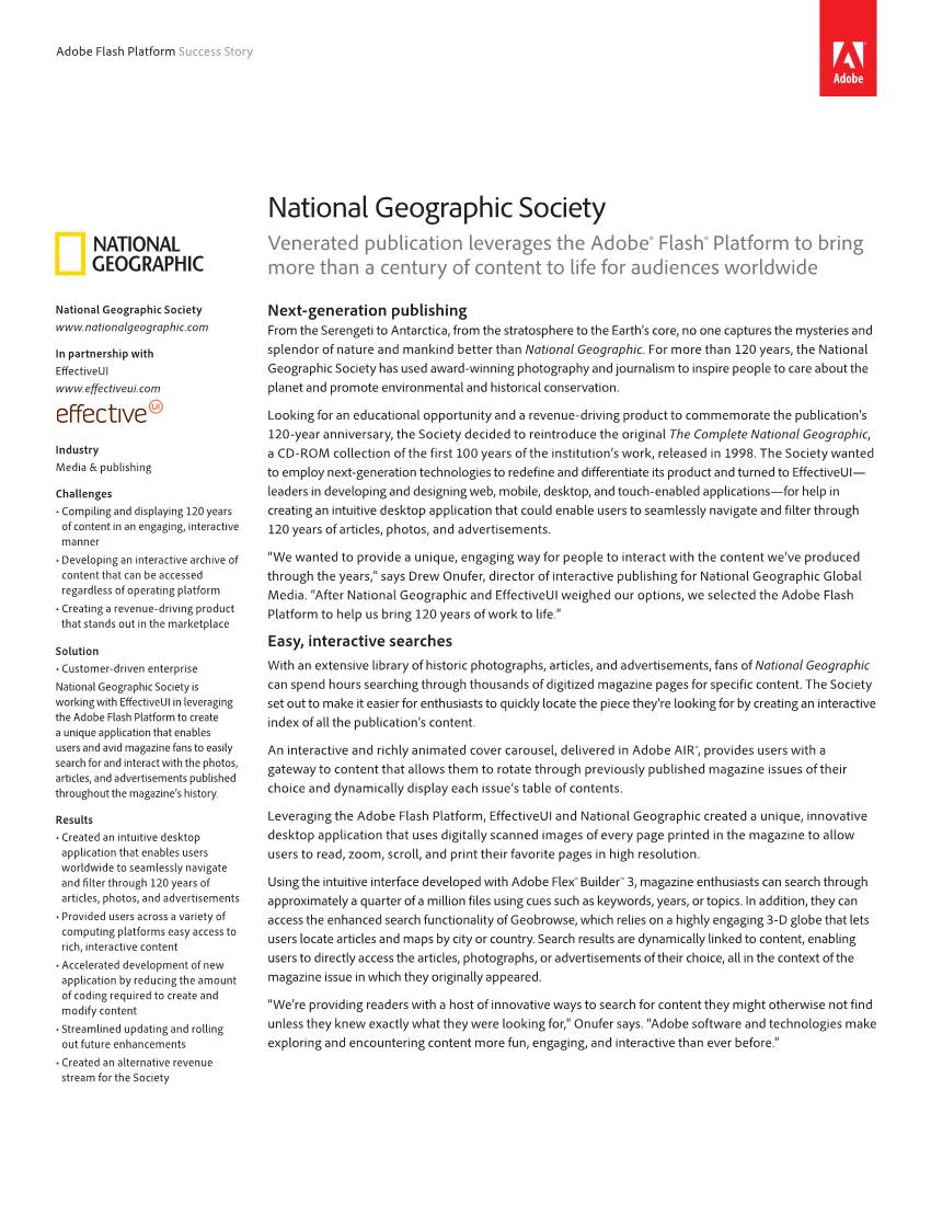 National Geographic Society Venerated Publication Leverages the Adobe® Flash® Platform to Bring More Than a Century of Content to Life for Audiences Worldwide