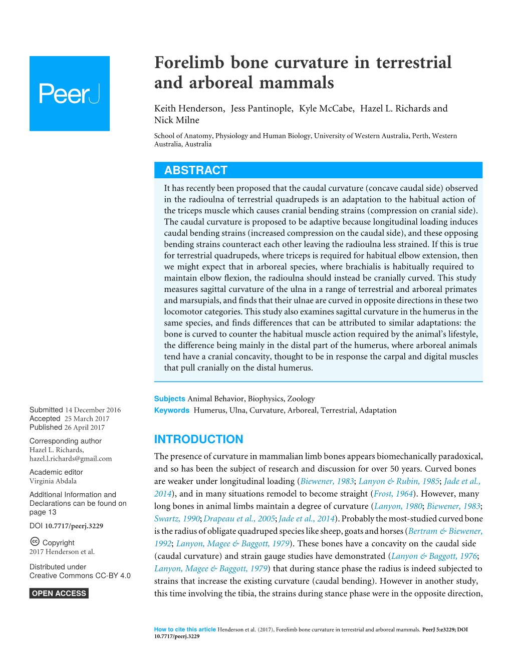 Forelimb Bone Curvature in Terrestrial and Arboreal Mammals