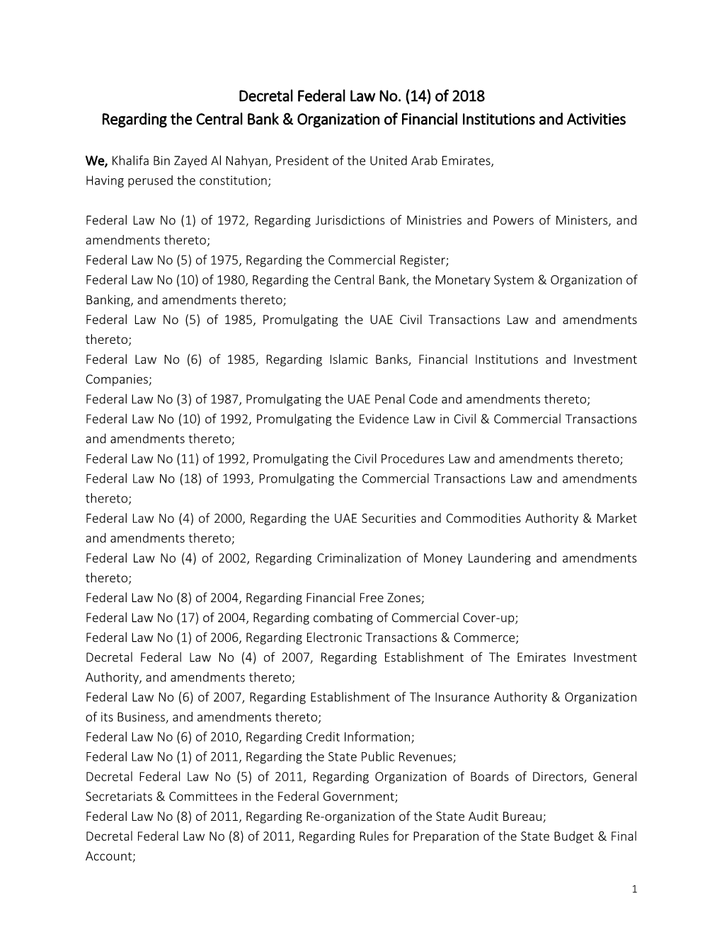 Decretal Federal Law No. (14) of 2018 Regarding the Central Bank & Organization of Financial Institutions and Activities