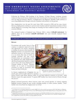 Iom Emergency Needs Assessments Post February 2006 Displacement in Iraq 1 November 2008 Monthly Report
