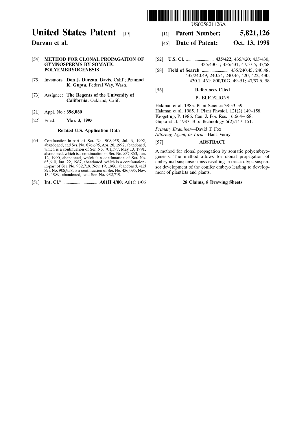 United States Patent 19 11 Patent Number: 5,821,126 Durzan Et Al