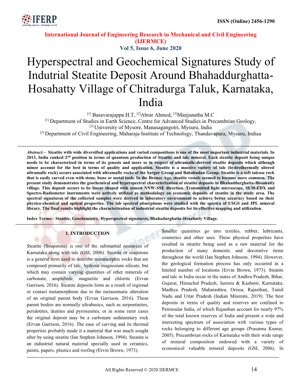 Hyperspectral and Geochemical Signatures Study Of