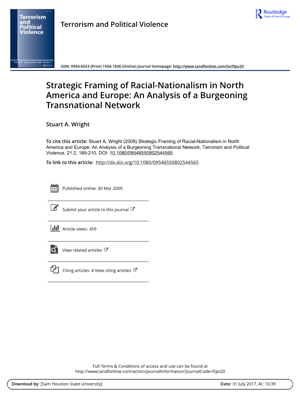 Strategic Framing of Racial-Nationalism in North America and Europe: an Analysis of a Burgeoning Transnational Network