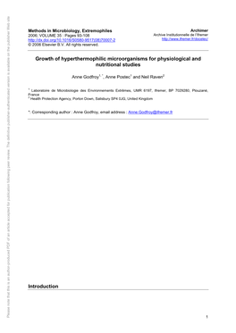 Growth of Hyperthermophilic Microorganisms for Physiological and Nutritional Studies