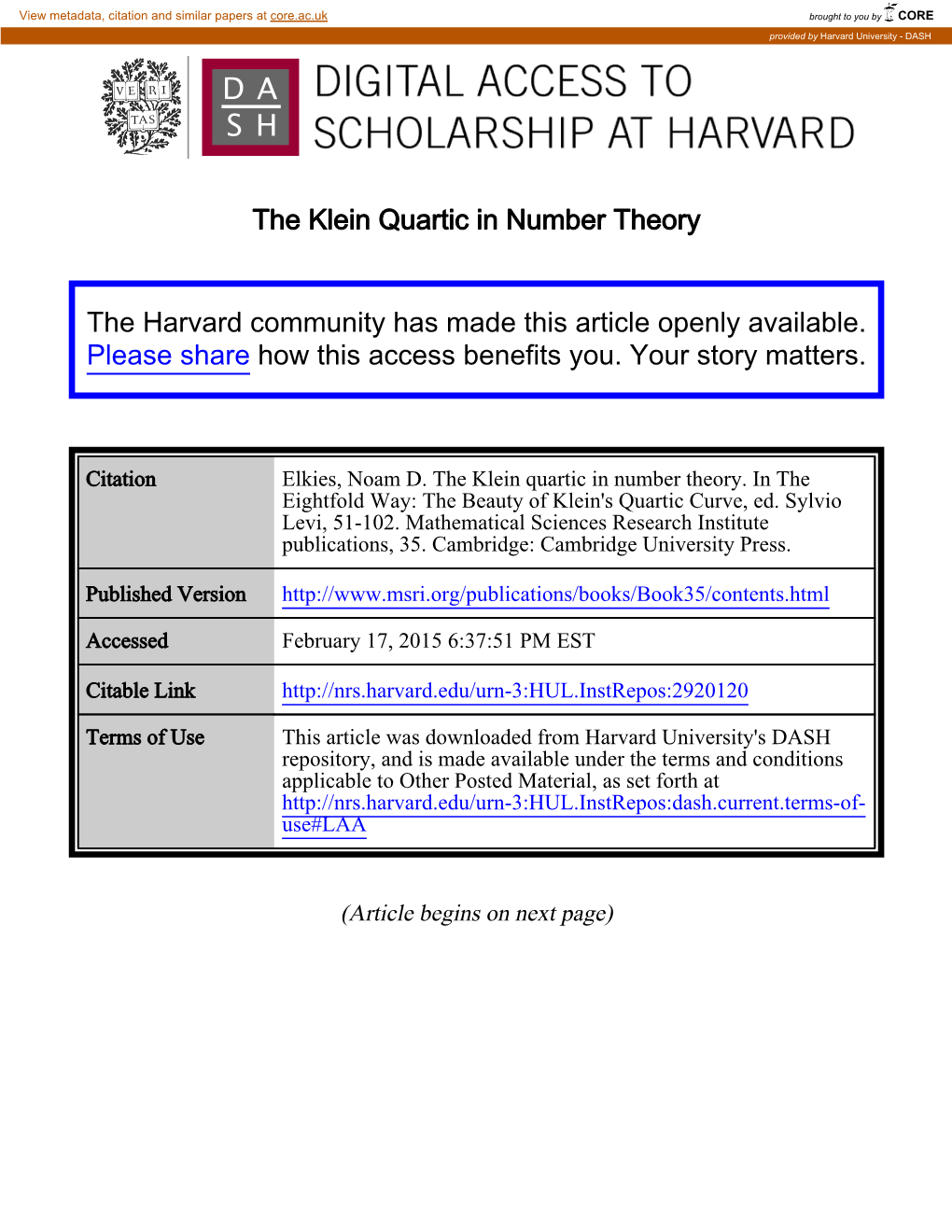 The Klein Quartic in Number Theory the Harvard Community Has Made