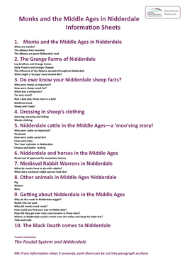 Monks & the Middle Ages Information Sheets