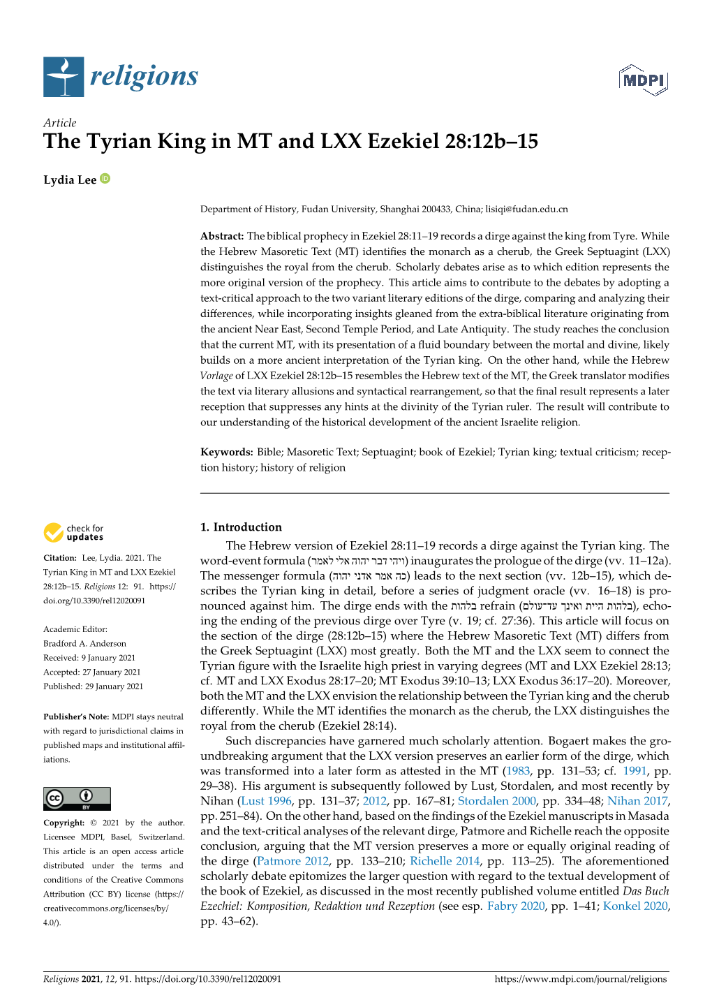 The Tyrian King in MT and LXX Ezekiel 28: 12B–15