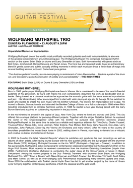 Wolfgang Muthspiel Trio Dunstan Playhouse  13 August 9.30Pm Austria  Australian Premiere