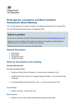 Draft Agenda: Lancashire and West Yorkshire Headteacher Board Meeting