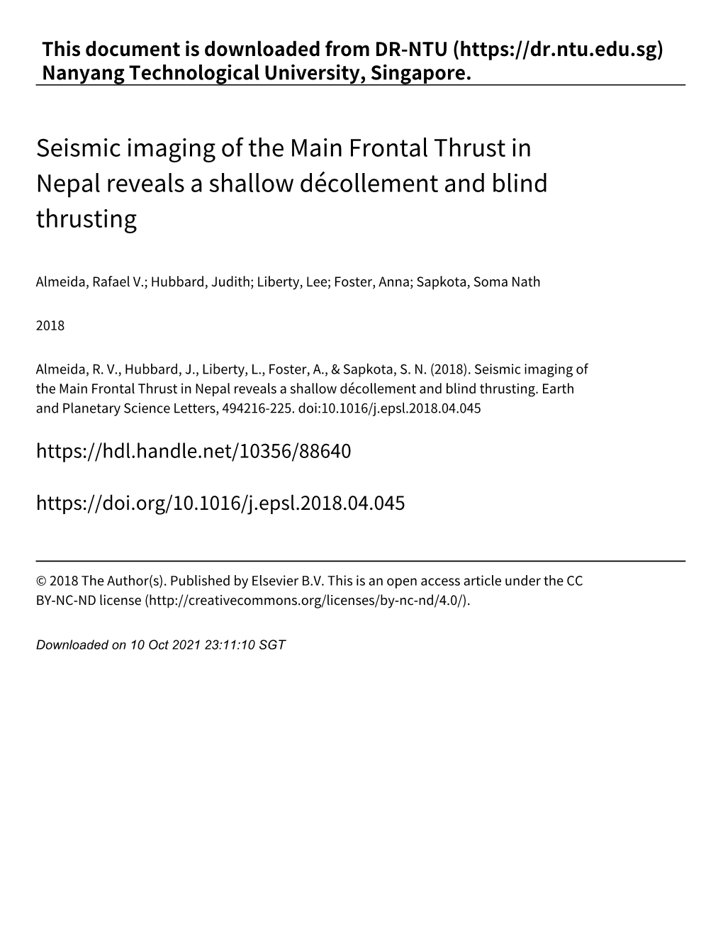 Seismic Imaging of the Main Frontal Thrust in Nepal Reveals a Shallow Décollement and Blind Thrusting