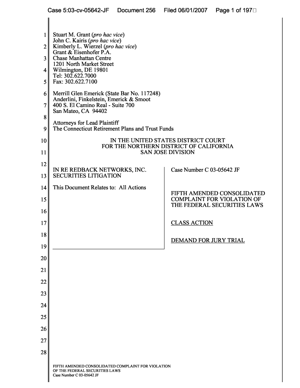 In Re Redback Networks, Inc. Securities Litigation 03-CV-05642