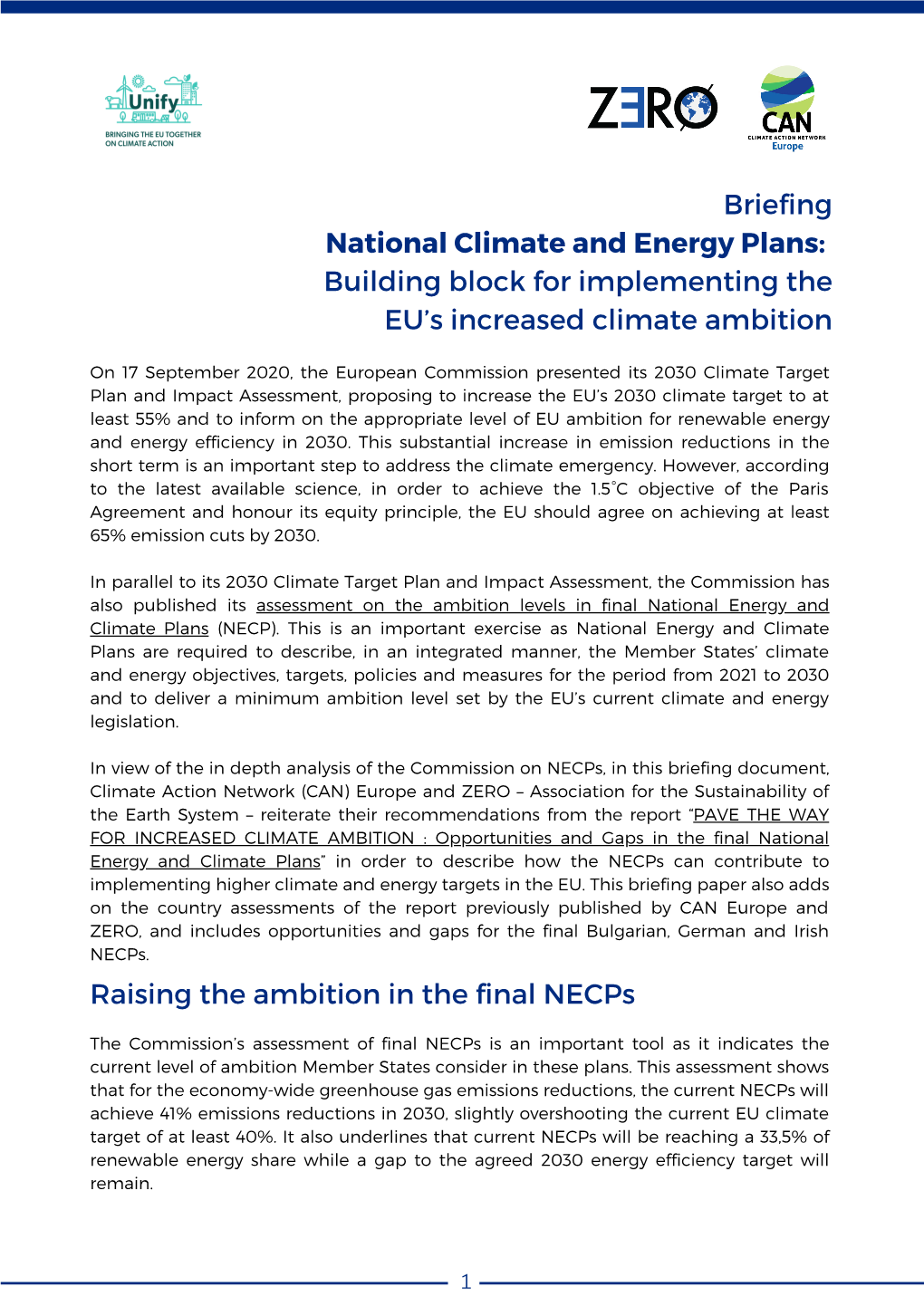 National Climate and Energy Plans: Building Block for Implementing the EU’S Increased Climate Ambition