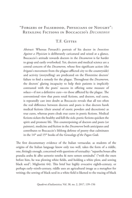 “Forgers of Falsehood, Physicians of Nought”: Retailing Fictions in Boccaccio's Decameron T.F. Gittes