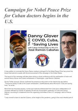 Campaign for Nobel Peace Prize for Cuban Doctors Begins in the U.S