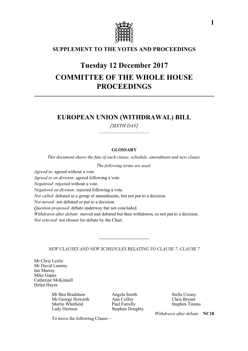 Tuesday 12 December 2017 COMMITTEE of the WHOLE HOUSE PROCEEDINGS