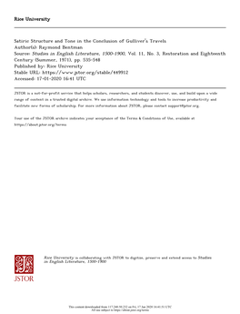 Satiric Structure and Tone in the Conclusion of Gulliver's Travels Author(S): Raymond Bentman Source: Studies in English Literature, 1500-1900, Vol