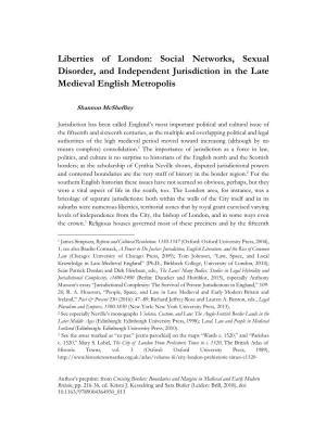Liberties of London: Social Networks, Sexual Disorder, and Independent Jurisdiction in the Late Medieval English Metropolis