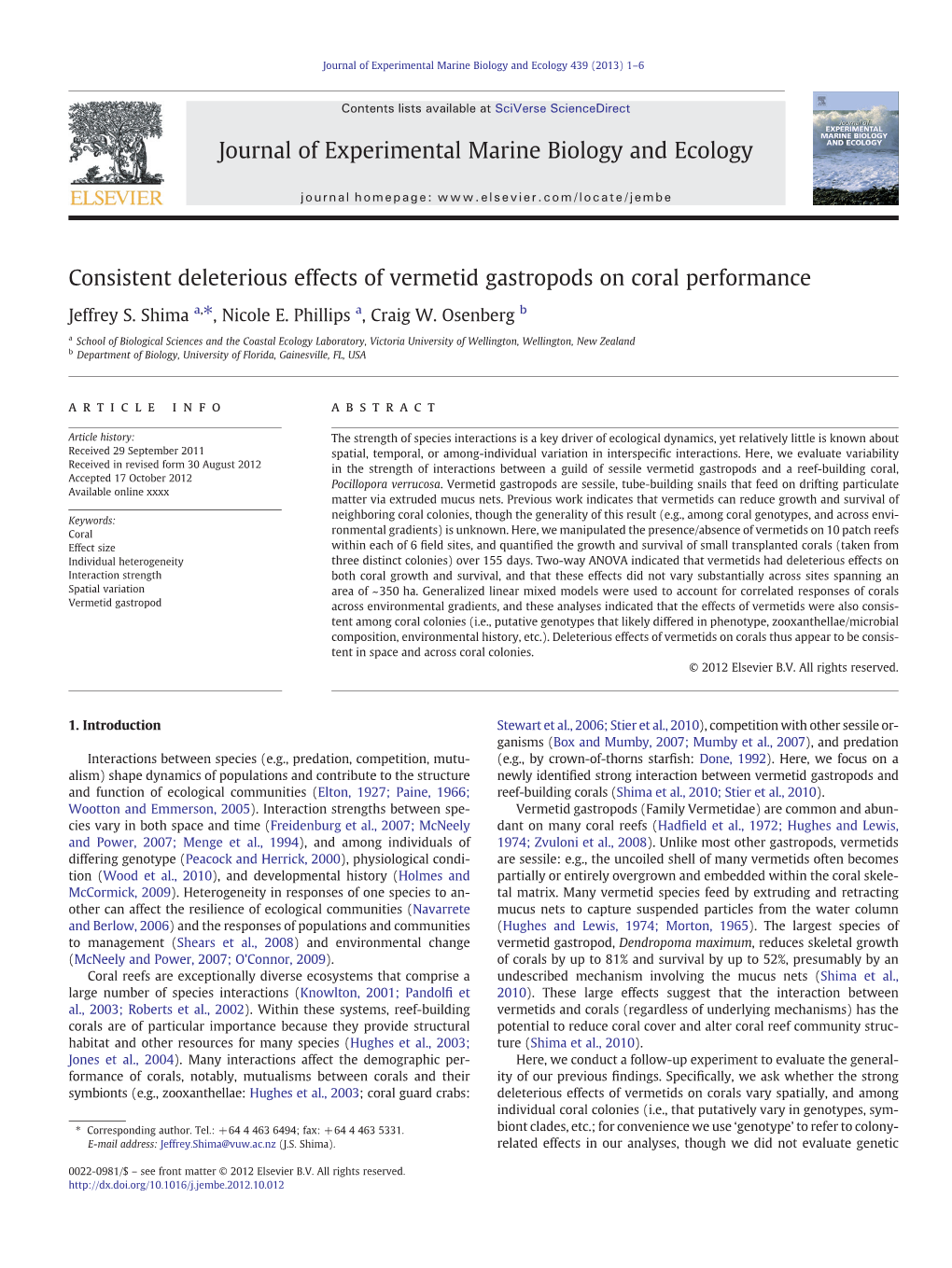 Consistent Deleterious Effects of Vermetid Gastropods on Coral Performance