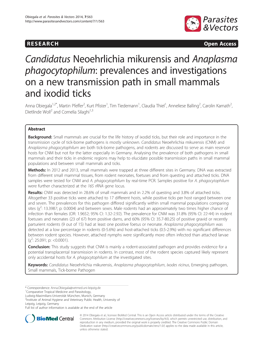 Candidatus Neoehrlichia Mikurensis and Anaplasma