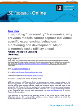 Interpreting “Personality” Taxonomies: Why Previous Models Cannot Capture Individual- Specific Experiencing, Behaviour, Functioning and Development