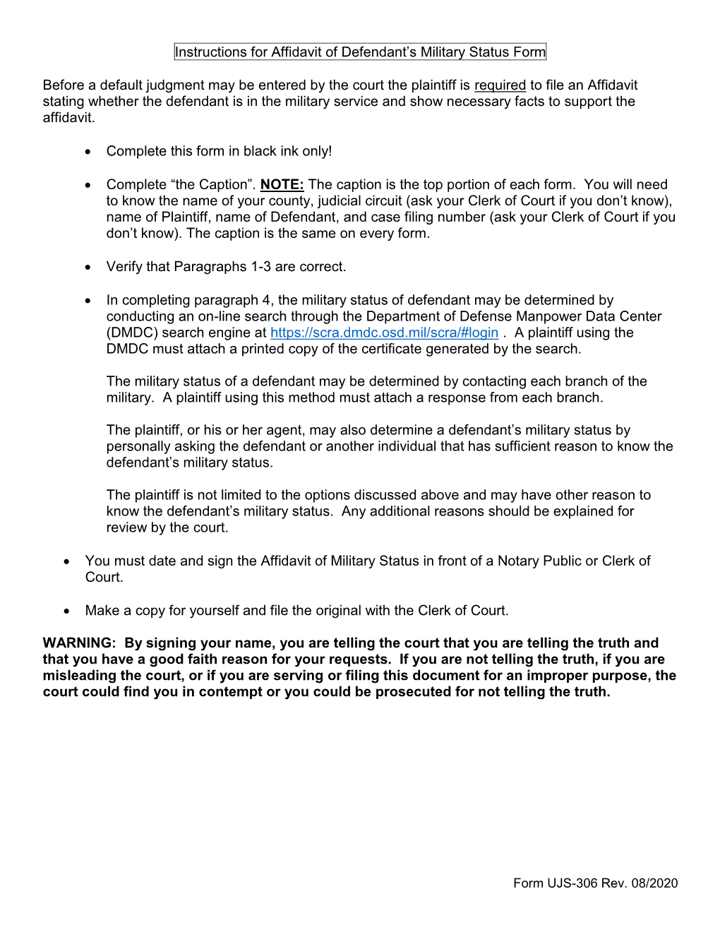 Instructions for Affidavit of Defendant's Military Status Form Before A