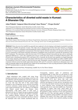 Characteristics of Diverted Solid Waste in Kumasi: a Ghanaian City