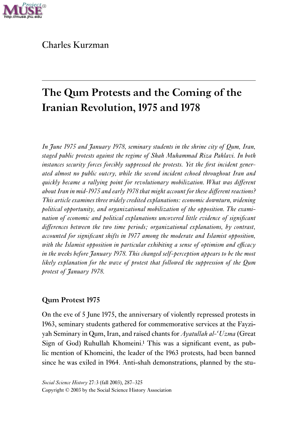 The Qum Protests and the Coming of the Iranian Revolution, 1975 and 1978