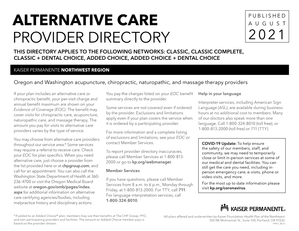 Alternative Care Provider Directory