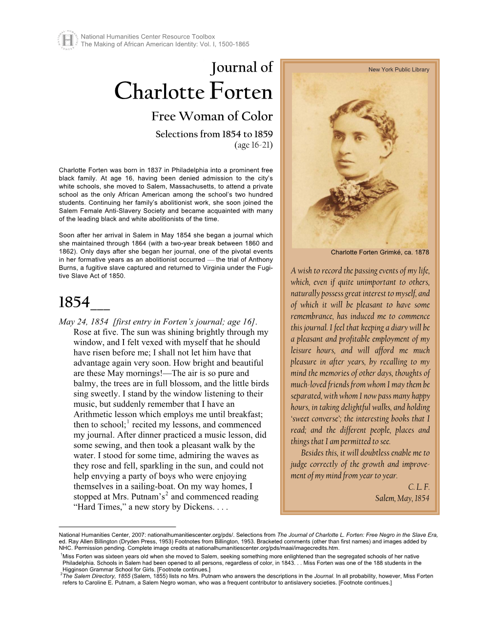 Journal of Charlotte Forten, Selections: 1854-1859