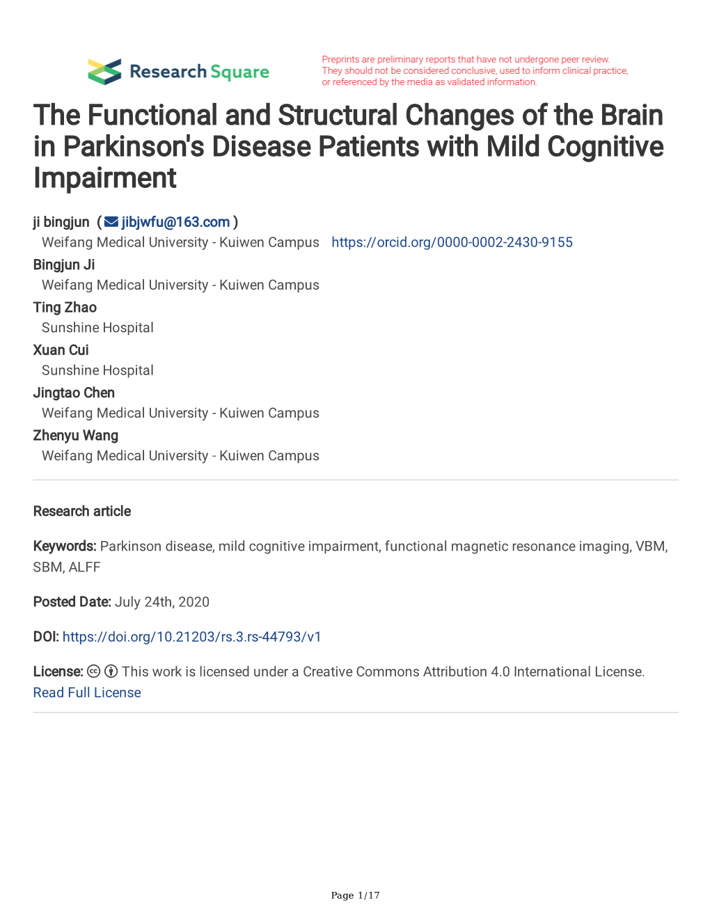 The Functional and Structural Changes of the Brain in Parkinson's