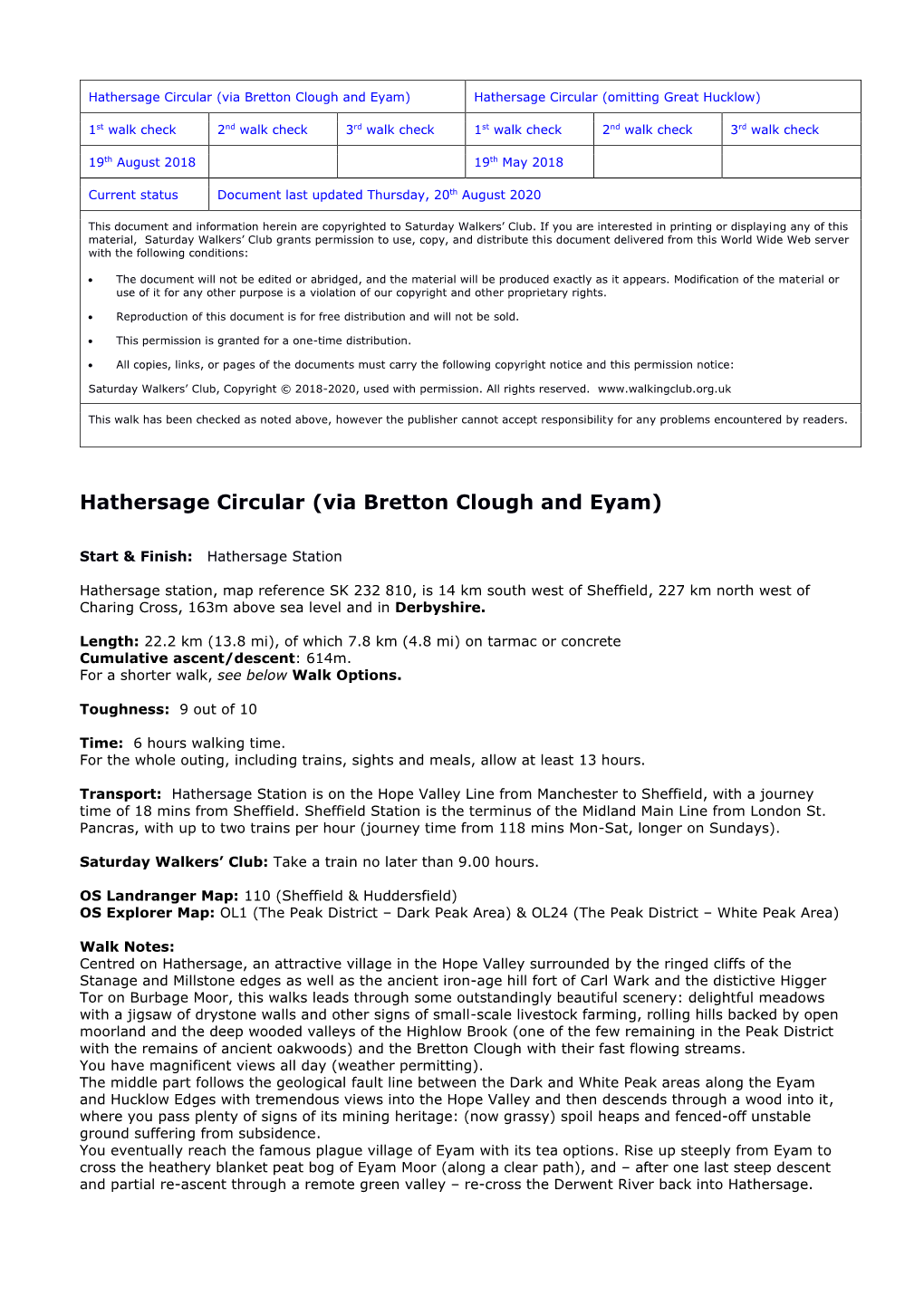 Hathersage Circular (Via Bretton Clough and Eyam) Hathersage Circular (Omitting Great Hucklow)