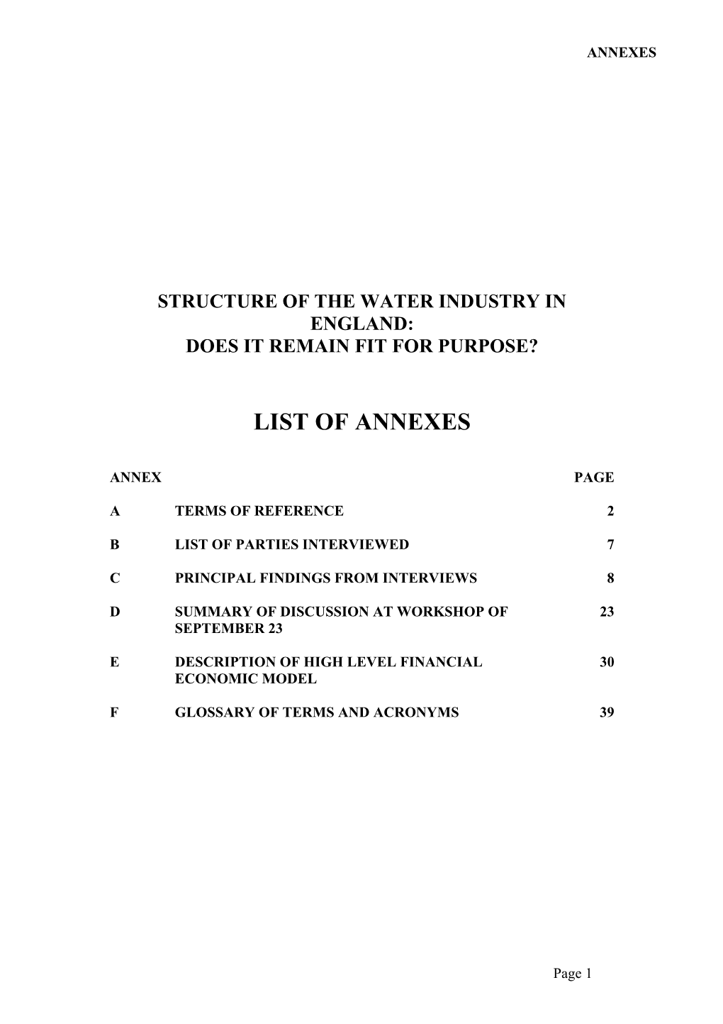 Report: Structure of the Water Industry in England: Does It Remain Fit