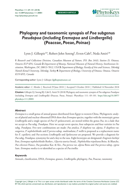 Phylogeny and Taxonomic Synopsis of Poa Subgenus Pseudopoa (Including Eremopoa and Lindbergella) (Poaceae, Poeae, Poinae)