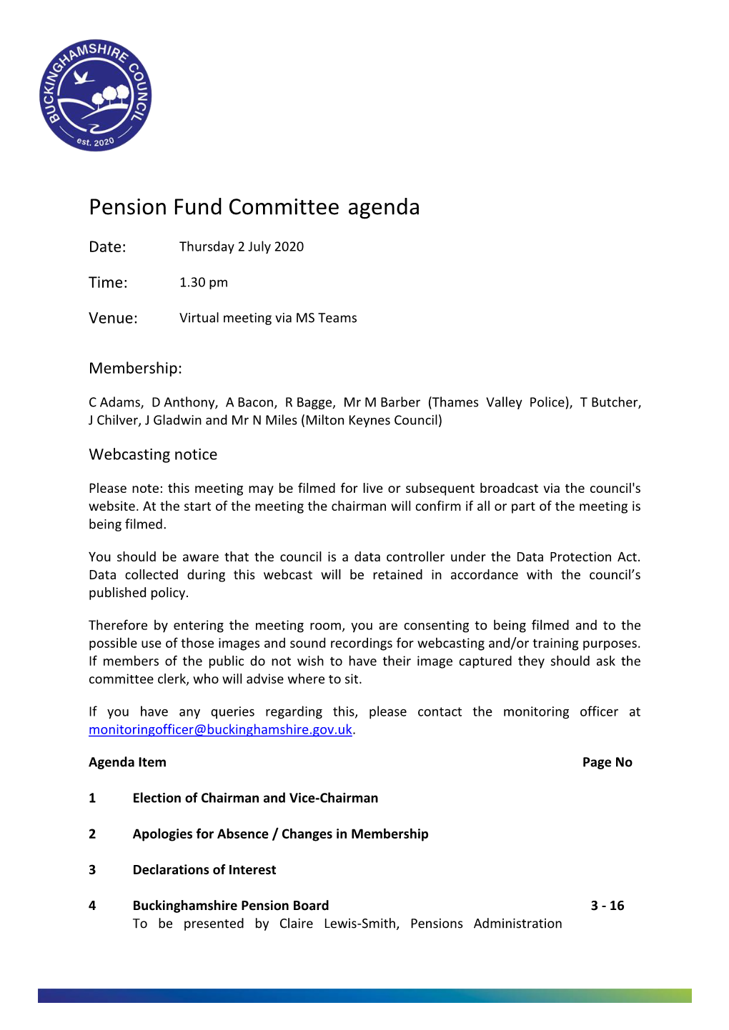 (Public Pack)Agenda Document for Pension Fund Committee, 02/07/2020 13:30