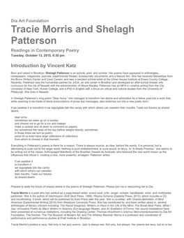 Tracie Morris and Shelagh Patterson Readings in Contemporary Poetry Tuesday, October 13, 2015, 6:30 Pm