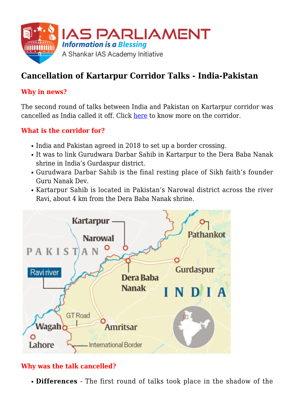 Cancellation of Kartarpur Corridor Talks - India-Pakistan